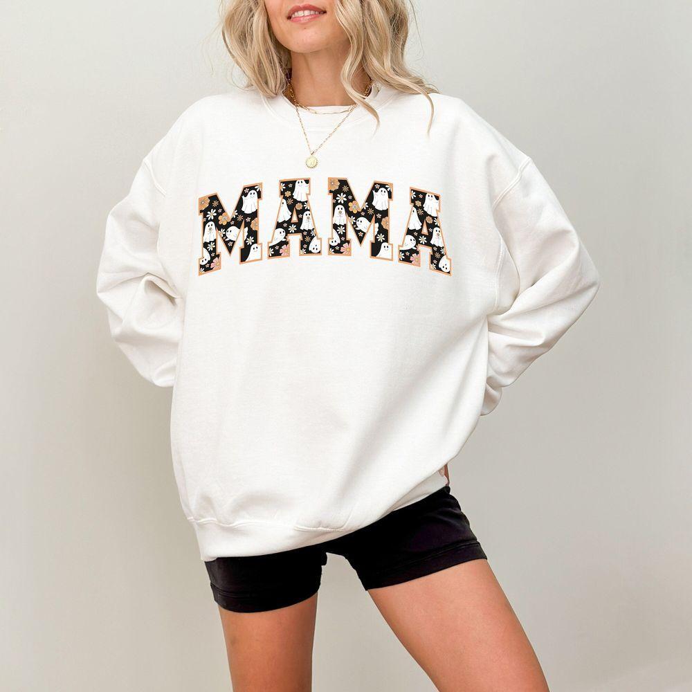 Cute Halloween Mama Varsity Ghost Sweatshirt Retro Fall Design Autumn Sweater Spooky Season Sweatshirt Pumpkin Crewneck Graphic Printed Merch